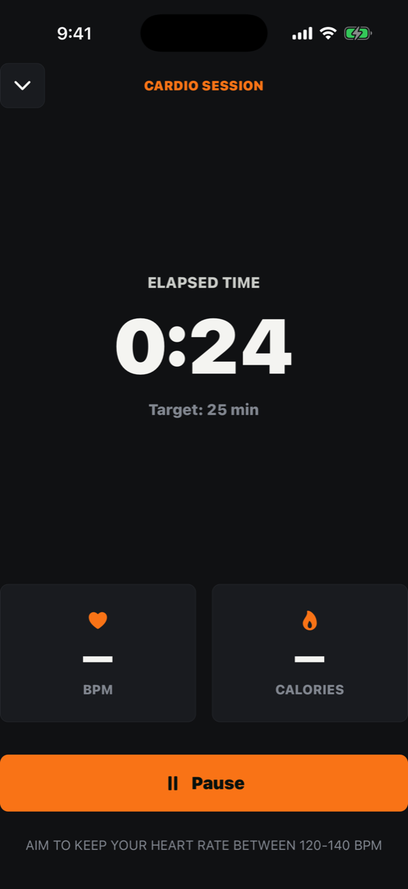 TITN cardio session with elapsed time, heart rate and calories