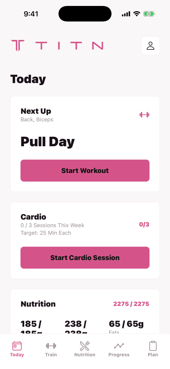 TITN Today screen in the pink theme with the next workout, cardio, and nutrition