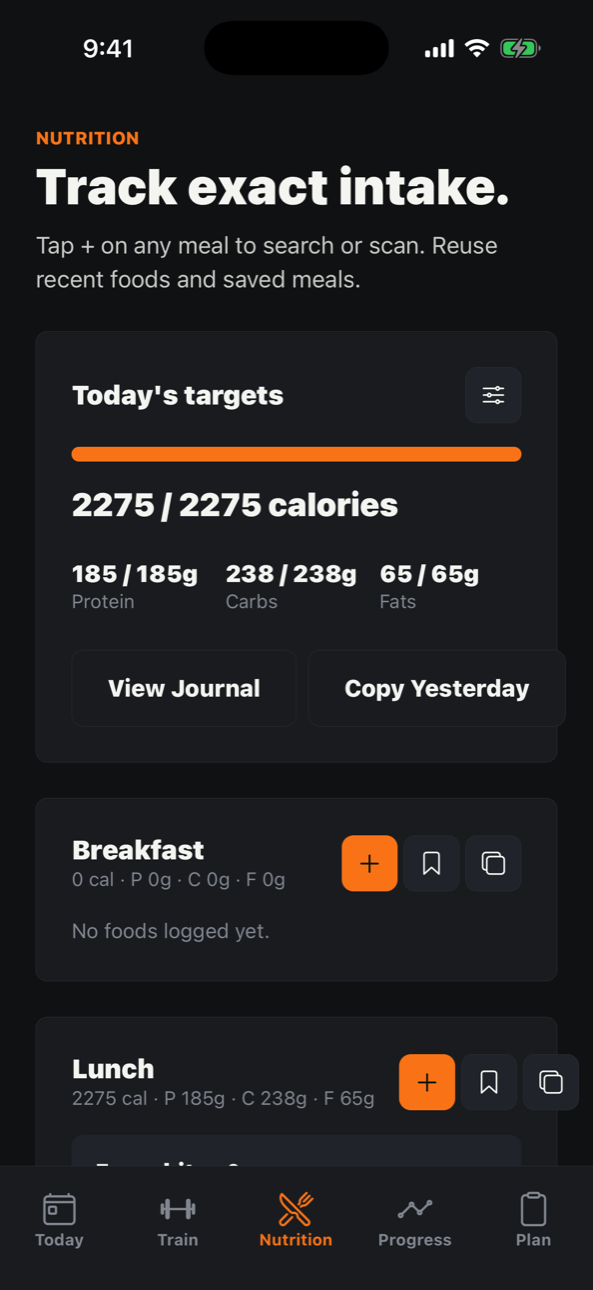 TITN nutrition tracking with daily calorie and macro targets