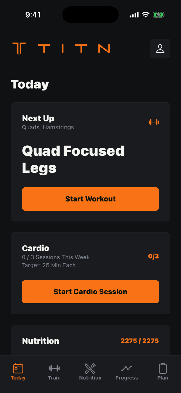 TITN Today screen with next workout, cardio, and nutrition