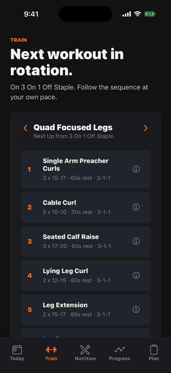 Next workout in rotation with full exercise list