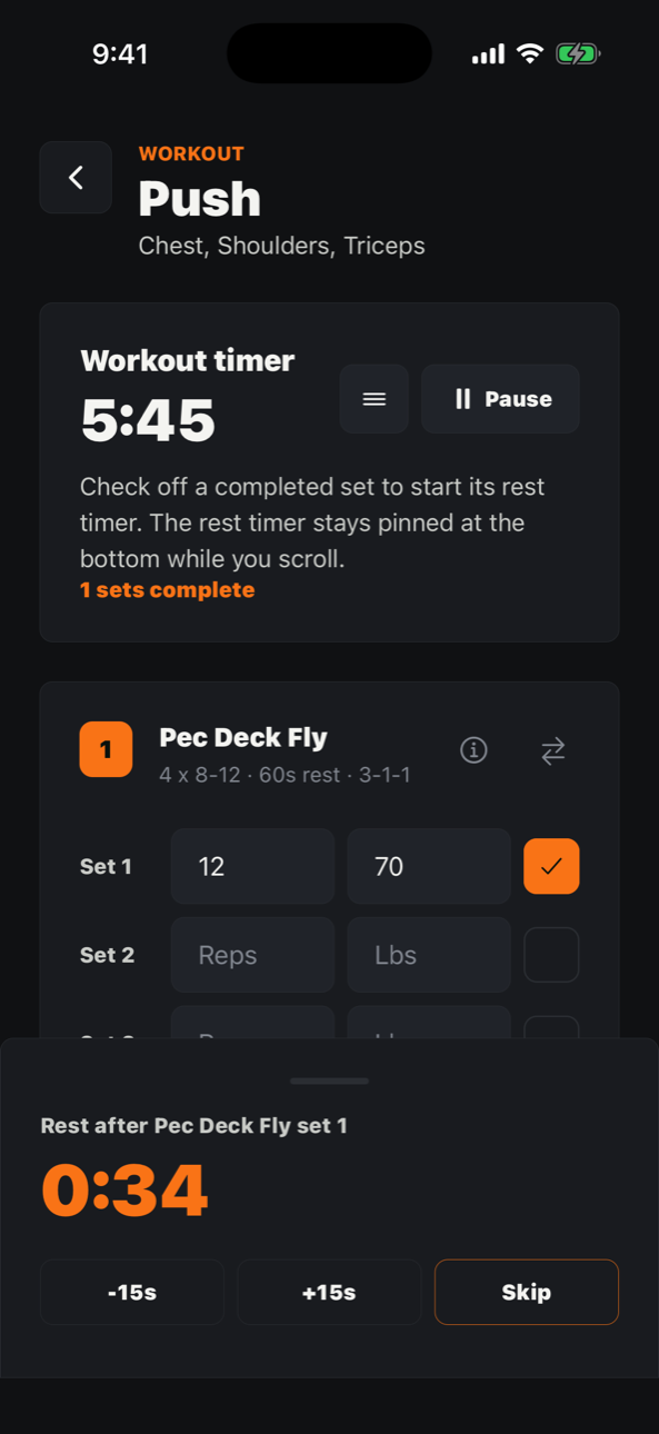 TITN live workout session with set logging and a pinned rest timer
